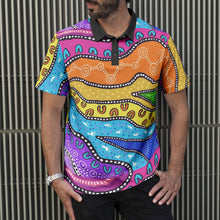 Load image into Gallery viewer, Contemporary colourful indigenous design Men&#39;s All-Over Print Polo Shirts
