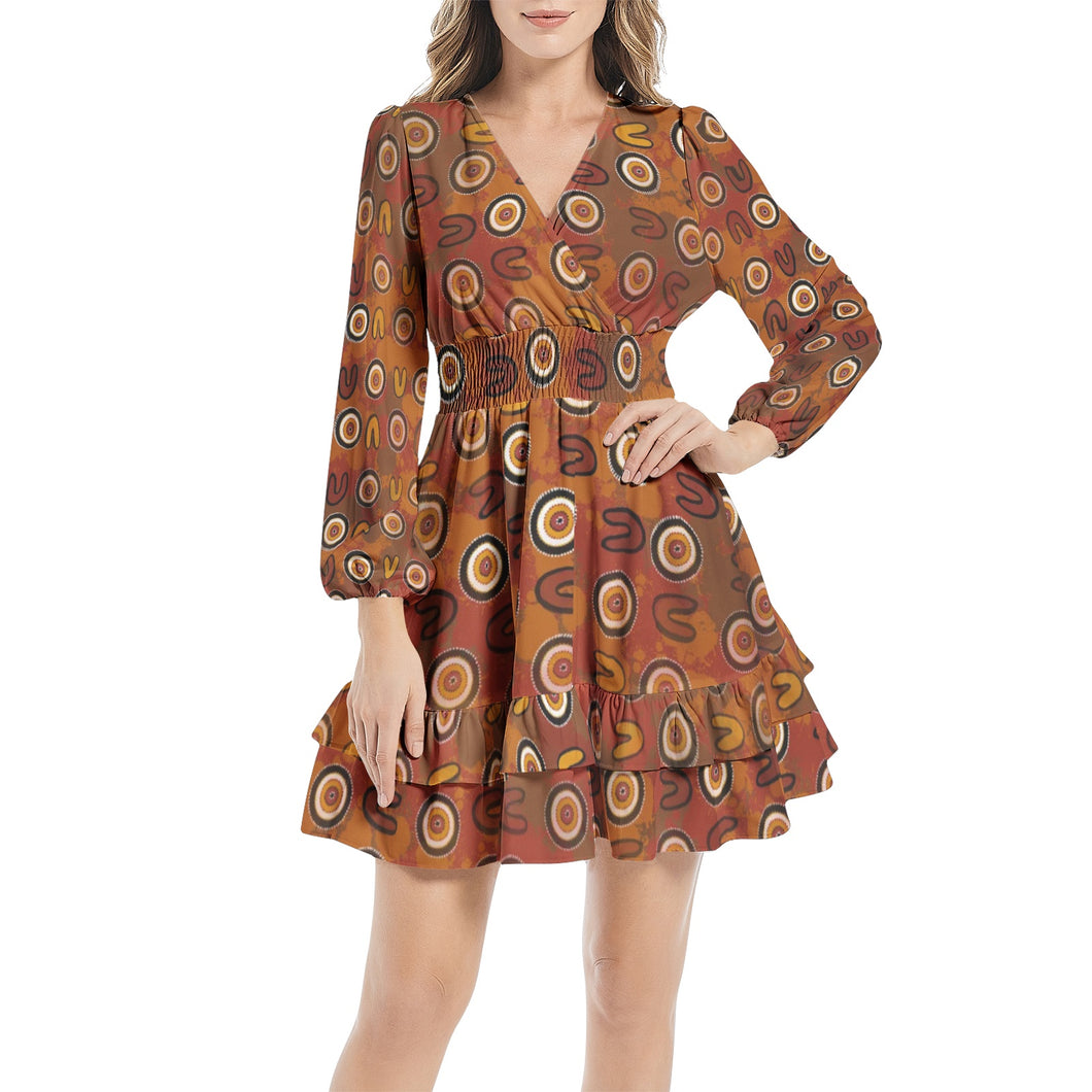 Indigenous design Long Sleeve Tiered Ruffle Hem Elastic Waist Mini Dress